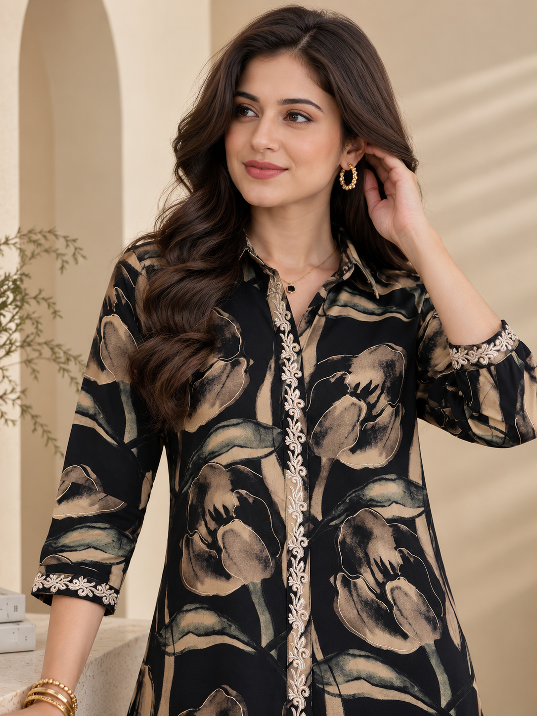Black Floral Print Shirt Collar Co-Ord Set with Trousers | Claura