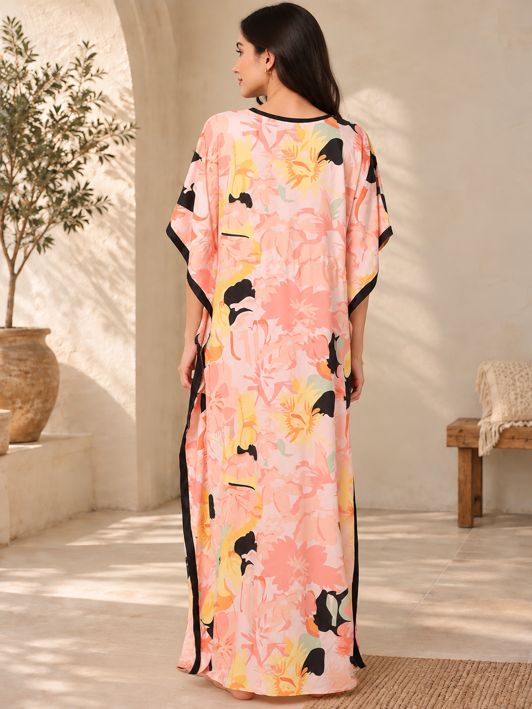 Multicolor Floral Rayon Kaftan Dress for Women | Claura