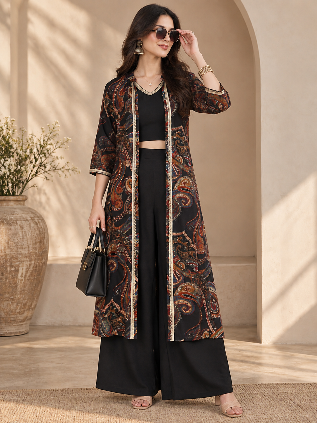 Black Ethnic Printed Chanderi Silk Co-Ord Set for Women