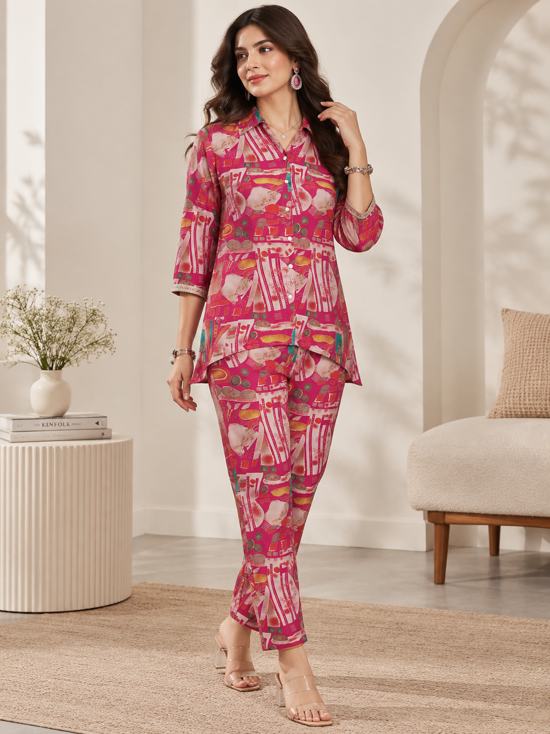 Pink Abstract Chanderi Silk Ethnic Co-Ord Set for Women