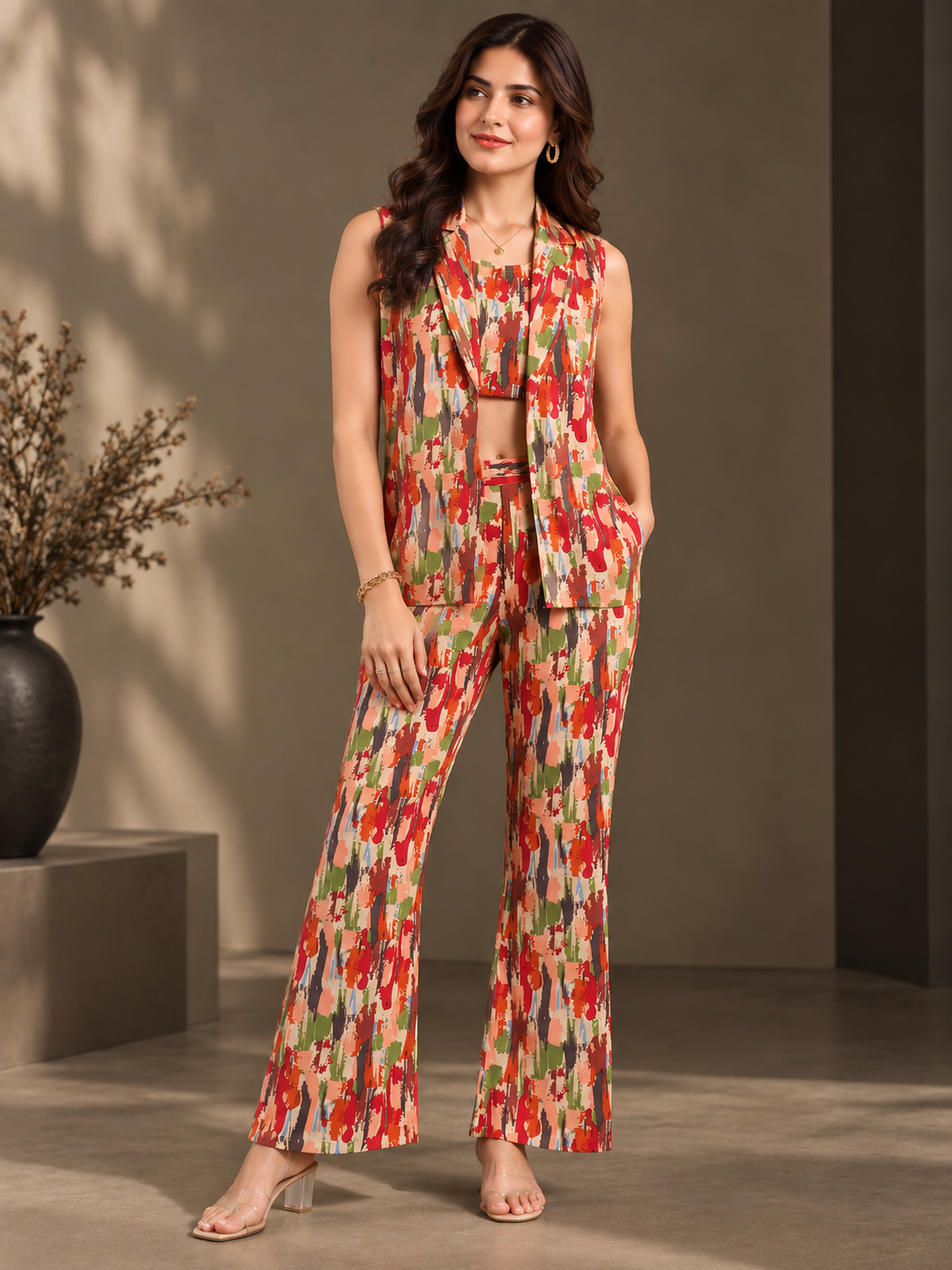 Red Tie-Dye 3-Piece Viscose Rayon Co-Ord Set for Women