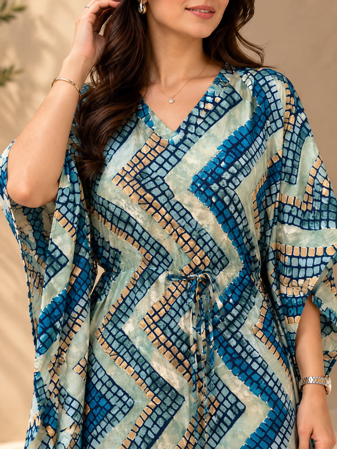 Blue Geometric Print V-Neck Kaftan Maxi Dress For Women | Claura