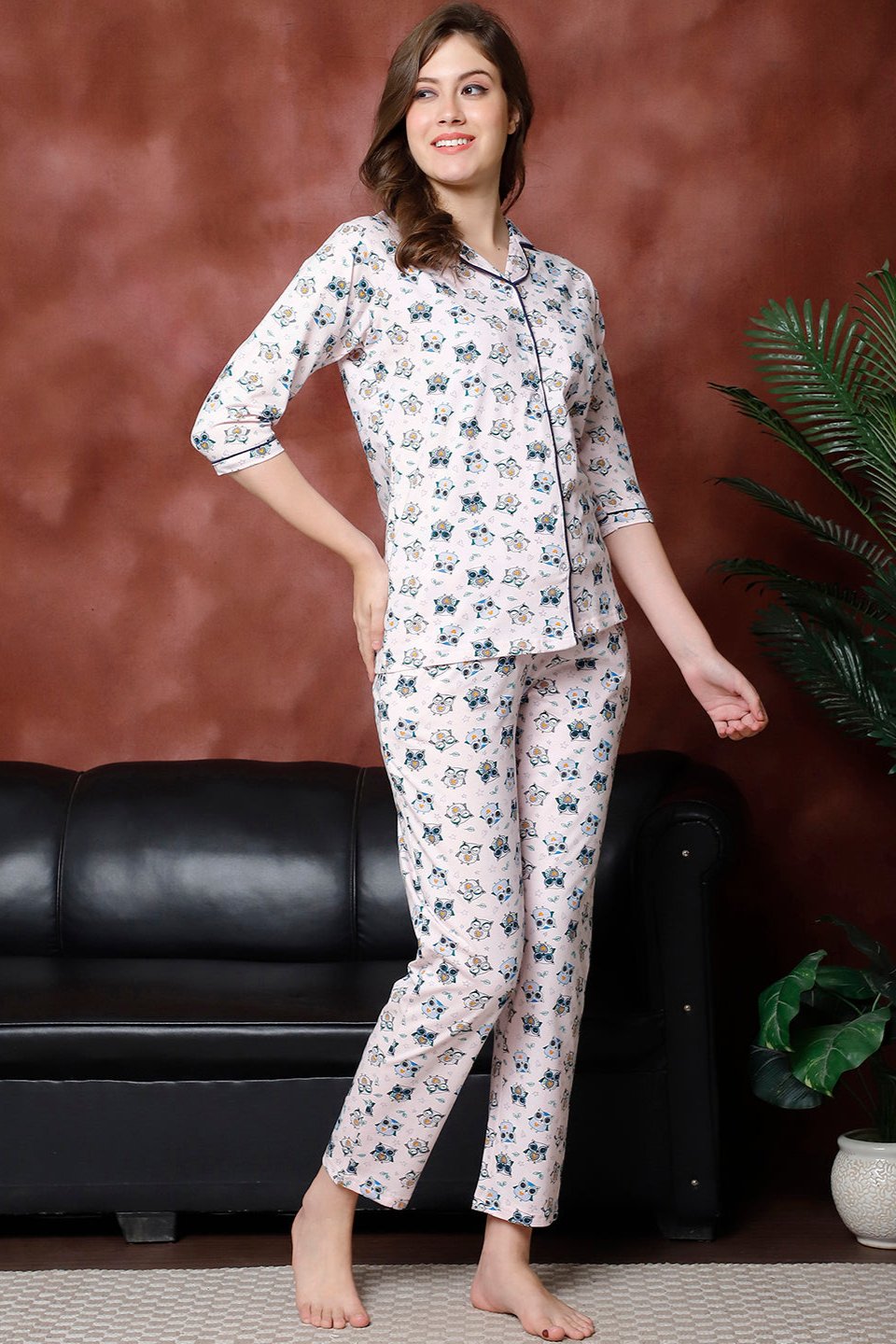 Mauve Color Graphic  Printed  Pure Cotton Night Suit