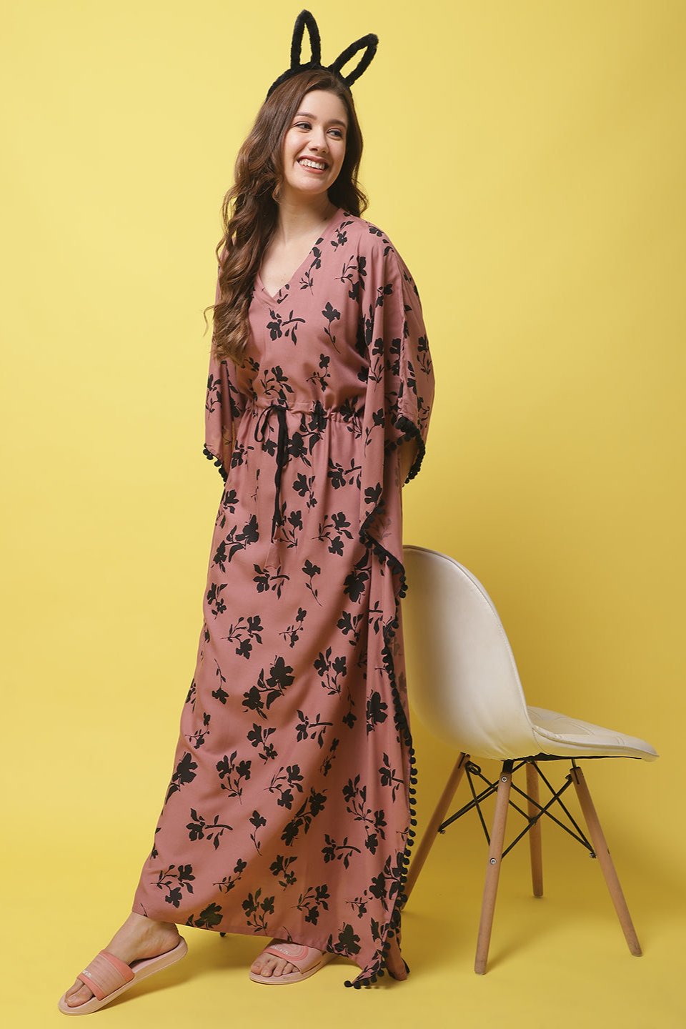 Rust Color Floral Printed  Rayon Kaftan Claura Designs Pvt. Ltd. Kaftan Floral, Free Size, kaftan, kaftan_freesize, Nightdress, Printed, Rust color, Sleepwear, V-Neck