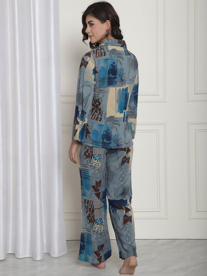Blue & Beige Abstract Printed Rayon Night Suit