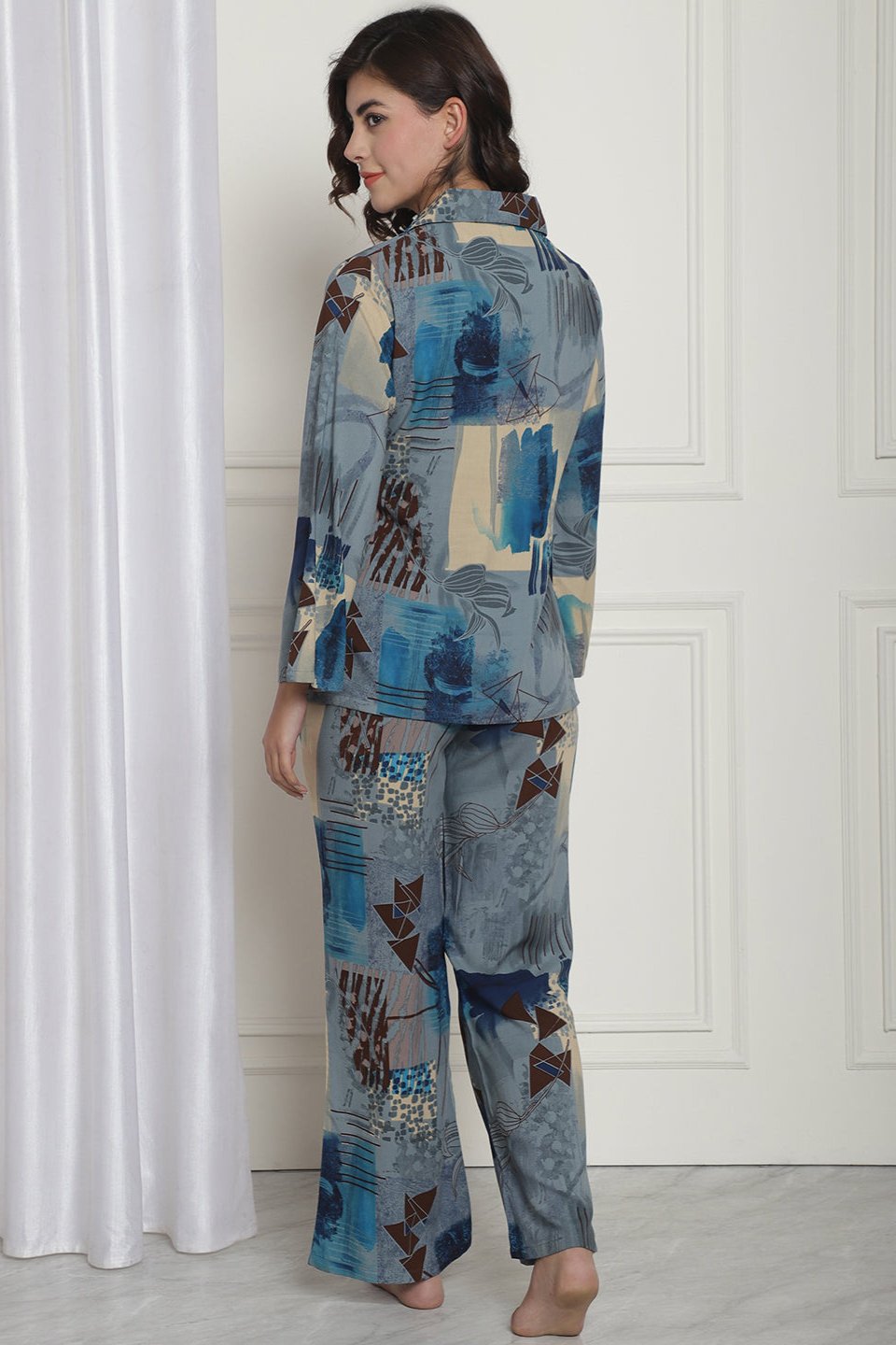 Blue & Beige Abstract Printed Rayon Night Suit