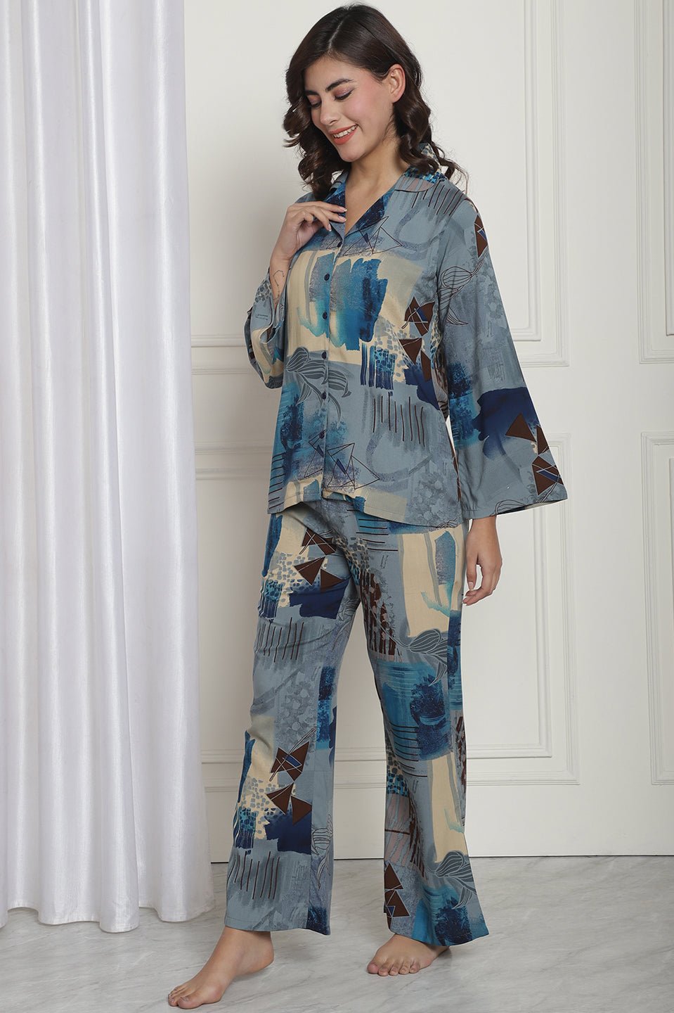 Blue & Beige Abstract Printed Rayon Night Suit