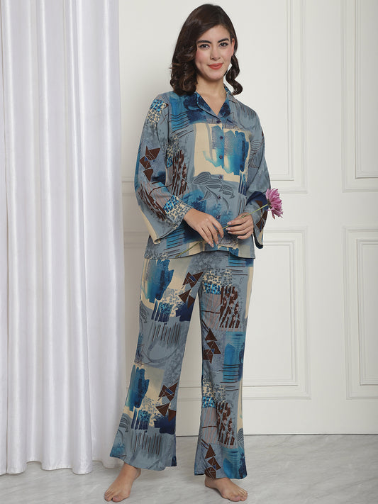 Blue & Beige Abstract Printed Rayon Night Suit