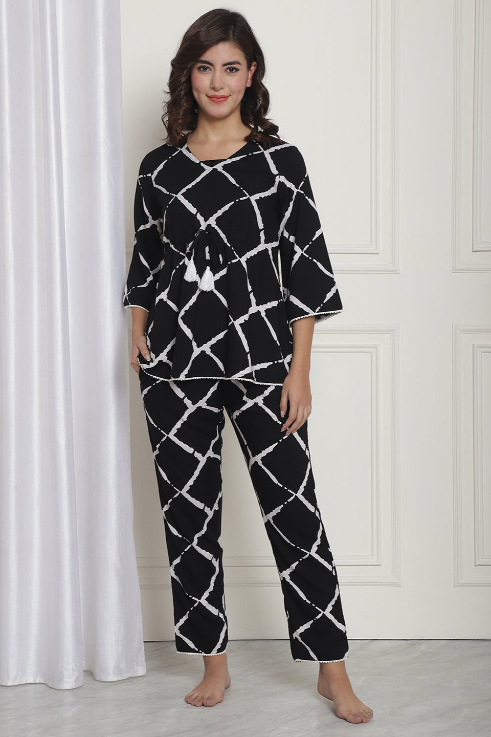 Black Checked Viscose Rayon Night Suit for Women by Claura