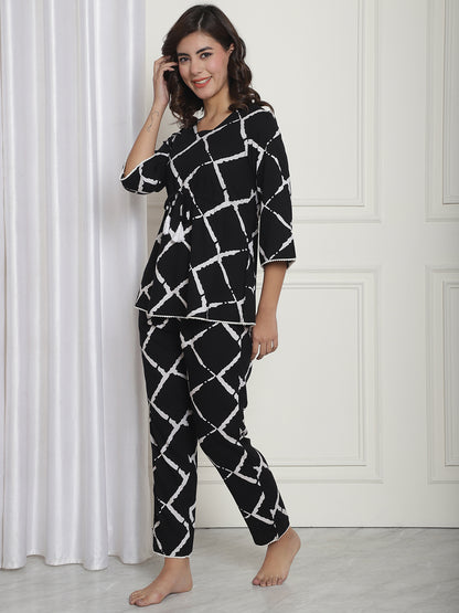 Black Checked Top & Pyjama Viscos Rayon Nightsuit