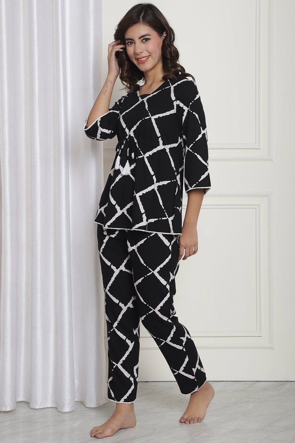 Black Checked Viscose Rayon Night Suit for Women by Claura