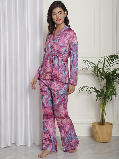 Purple Abstract Printed Viscose Rayon Night Suit