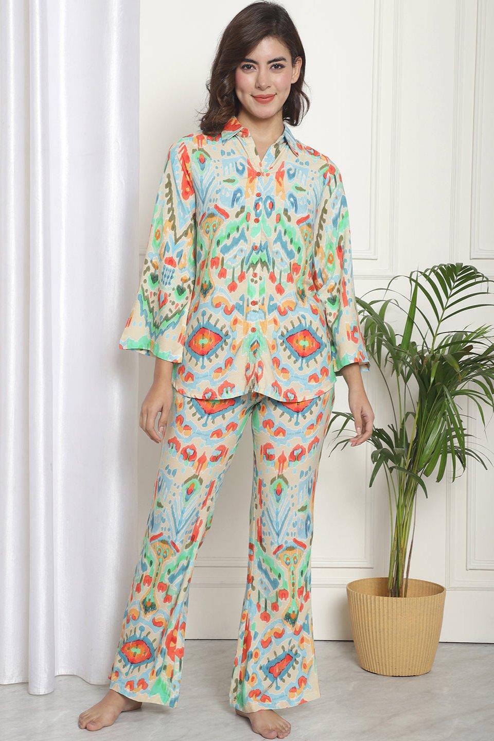 Beige Abstract Printed Viscos Rayon Night Suit