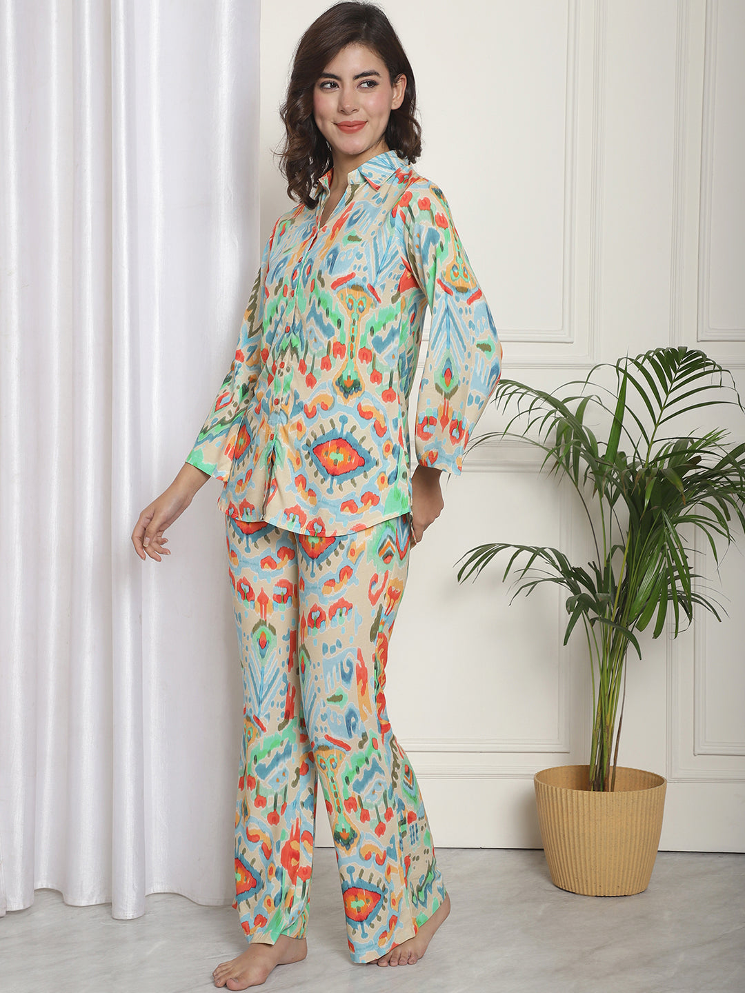 Beige Abstract Printed Viscos Rayon Night Suit