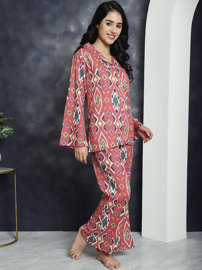 Pink color Abstract Printed  Viscocs Rayon Night suit For Women