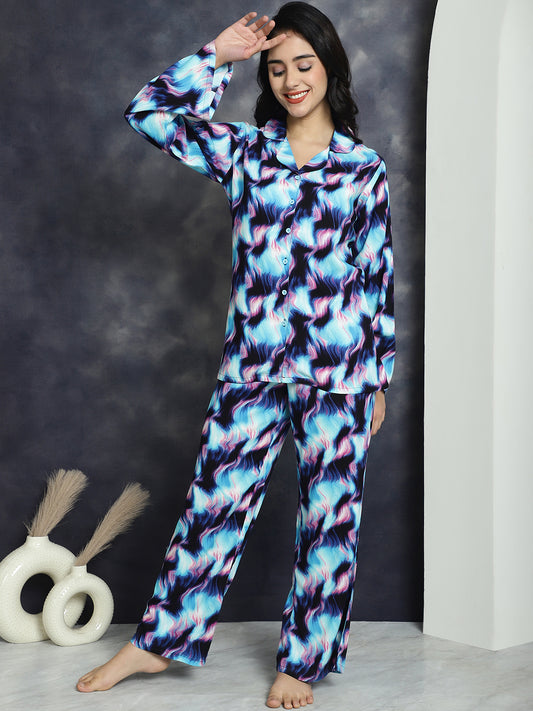 Blue Color Abstract Printed Viscose Rayon Night suit For Women