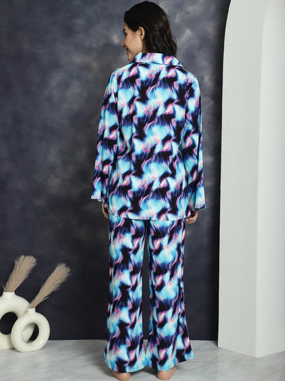 Blue Color Abstract Printed Viscose Rayon Night suit For Women