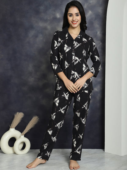 Black Color Absract Printed Viscocs Rayon Night suit For Women