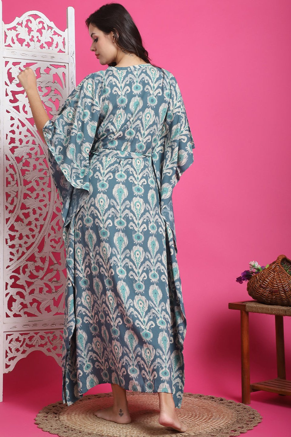 Blue Color Abstract Printed Viscose Rayon Kaftan For Women