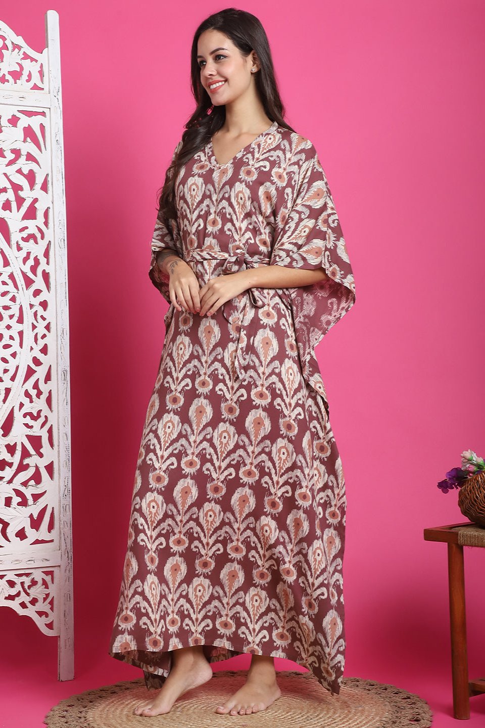 Mauve Color Abstract Printed Viscose Rayon Kaftan For Women