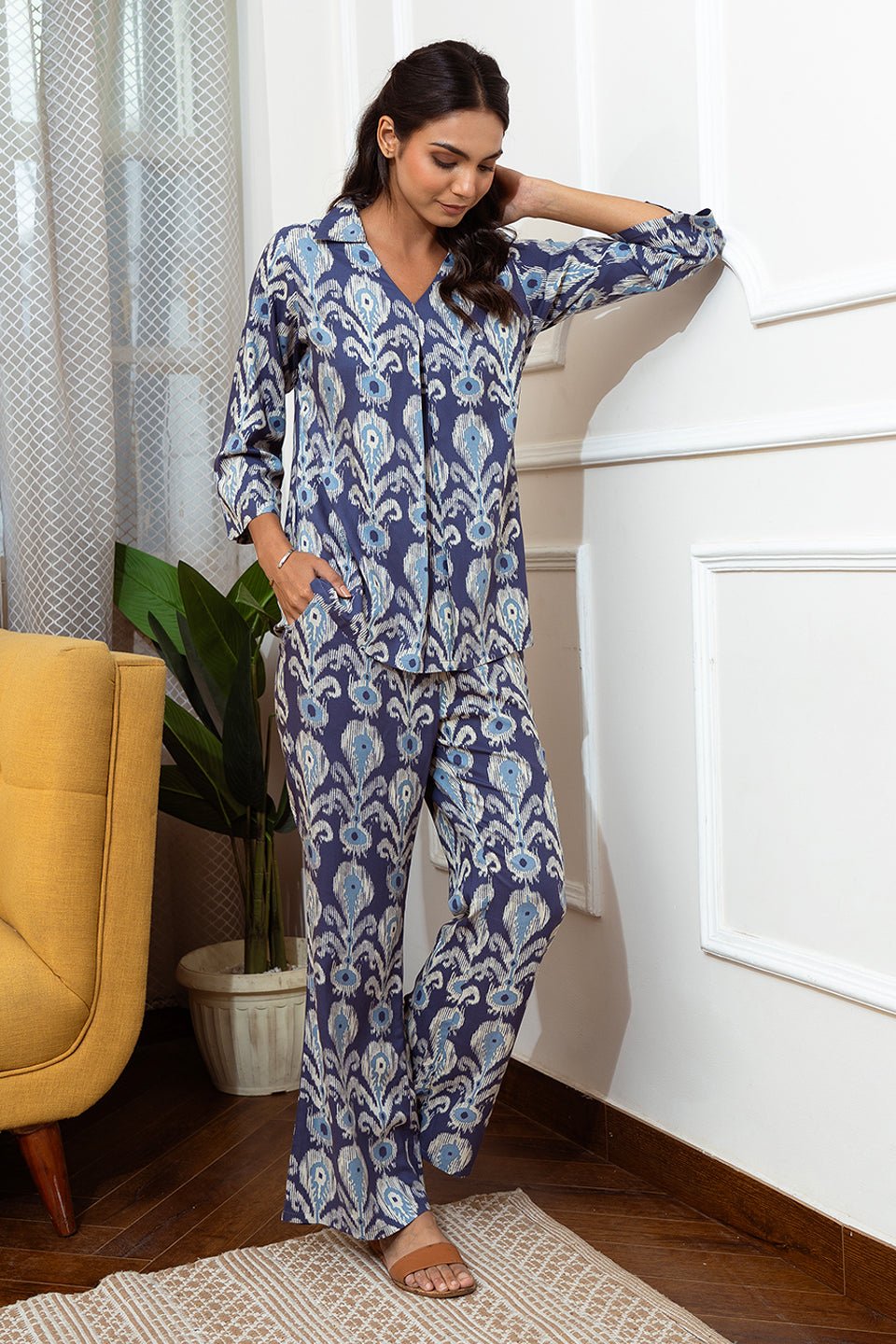 Blue Color Abstract Printed Viscose Rayon Night Suit