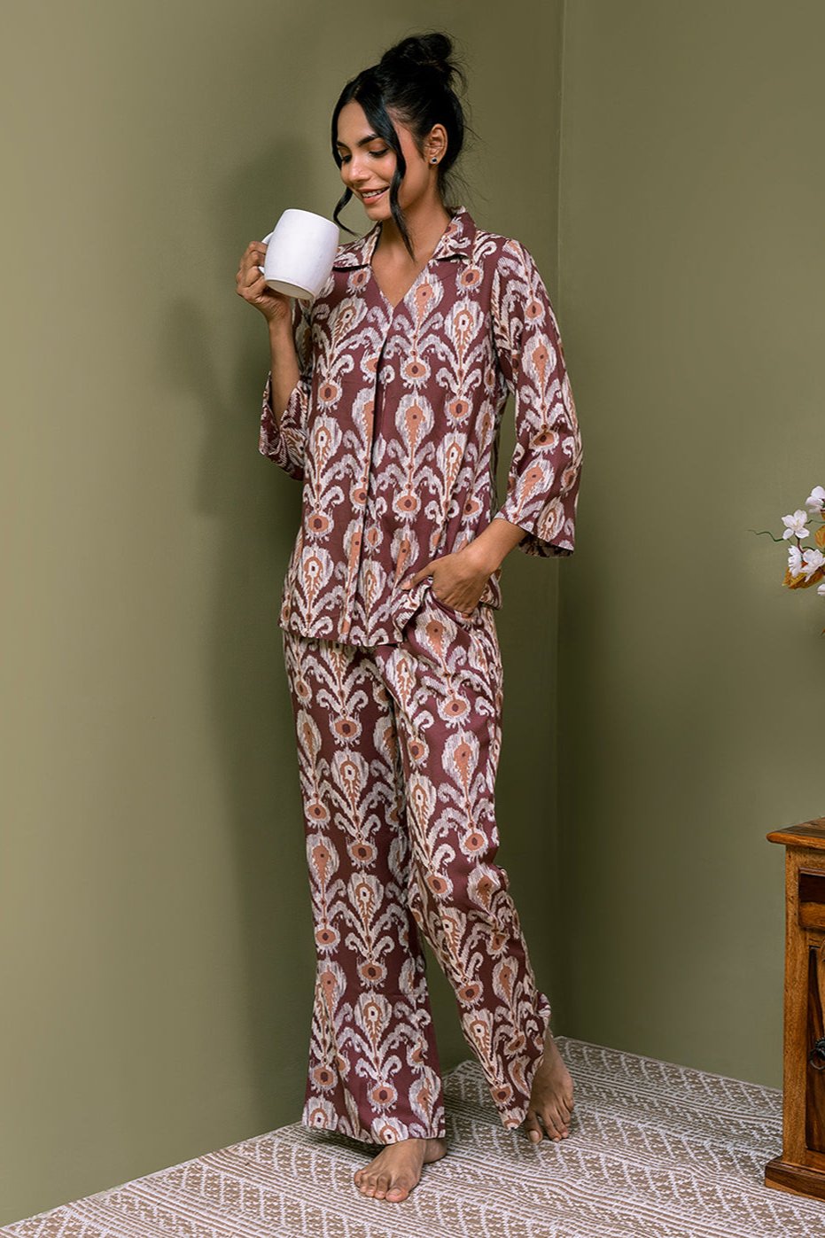 Mauve Color Abstract Printed Viscose Rayon Night Suit