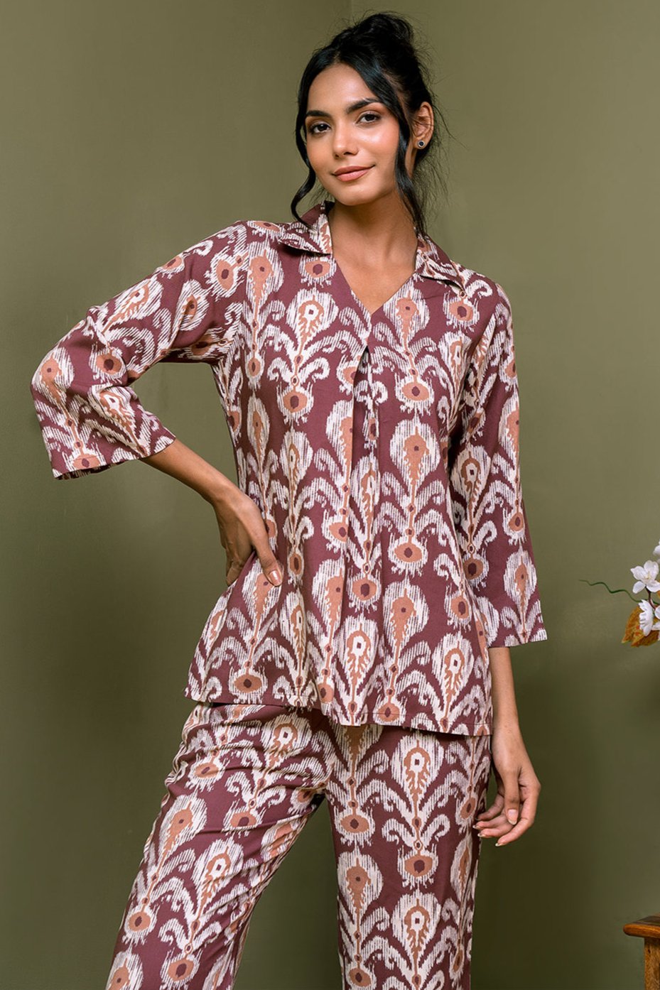 Mauve Color Abstract Printed Viscose Rayon Night Suit