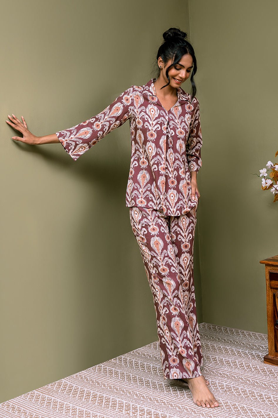 Mauve Color Abstract Printed Viscose Rayon Night Suit