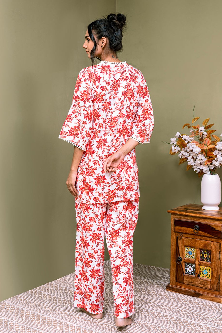 Red Color Floral Printed Pure Cotton Co-Ord set  For Women