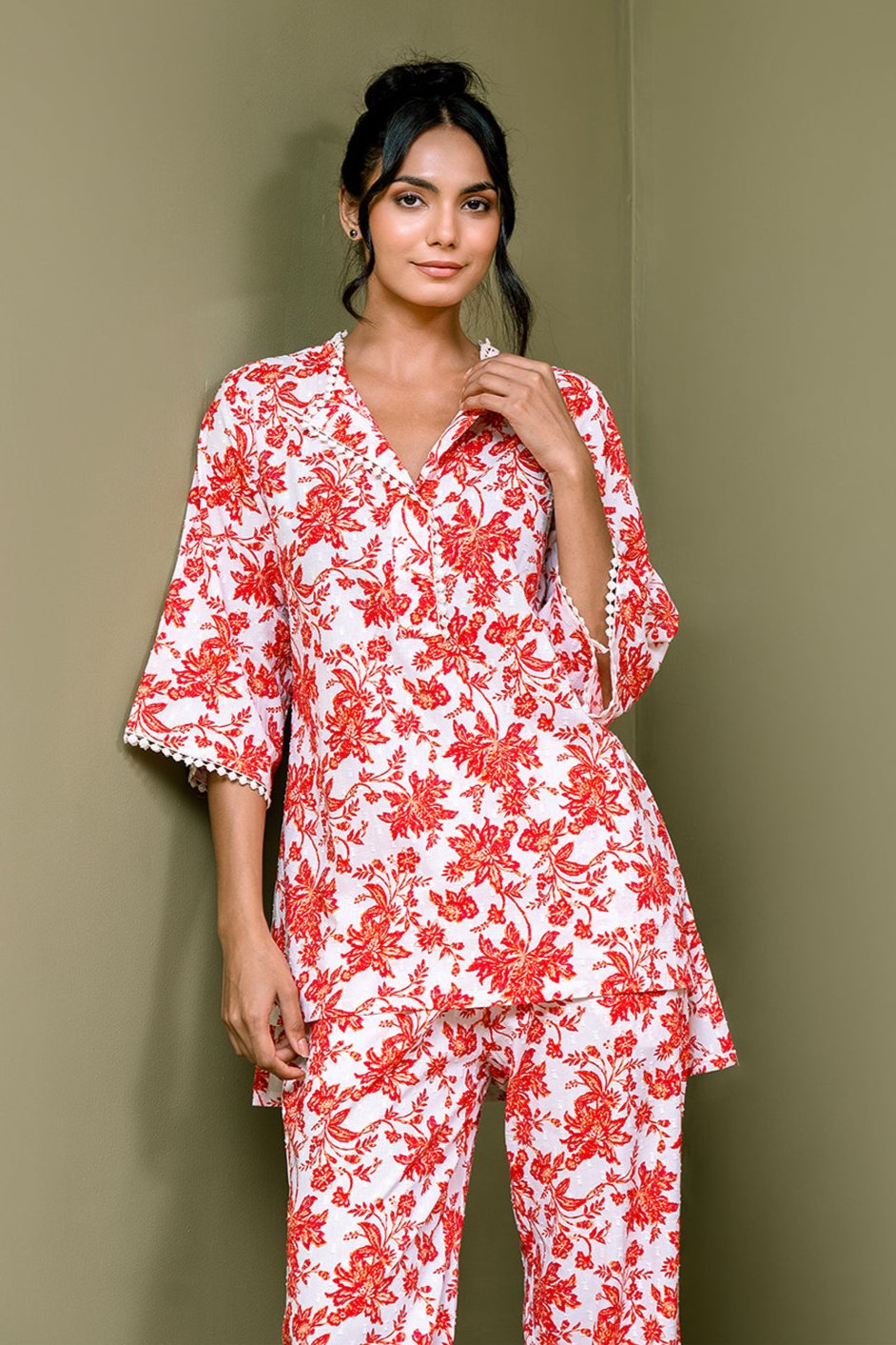 Red Color Floral Printed Pure Cotton Co-Ord set  For Women