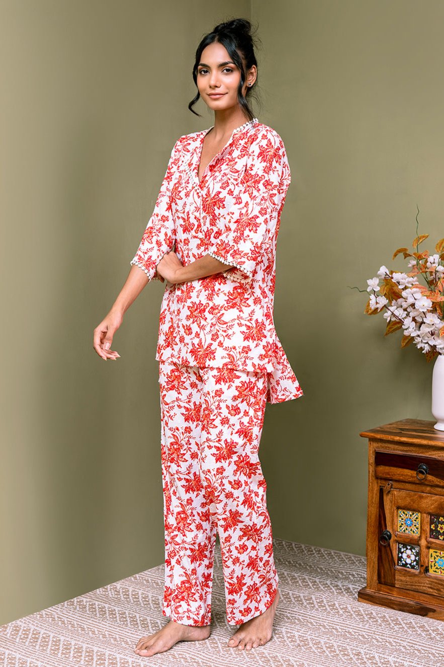 Red Color Floral Printed Pure Cotton Co-Ord set  For Women