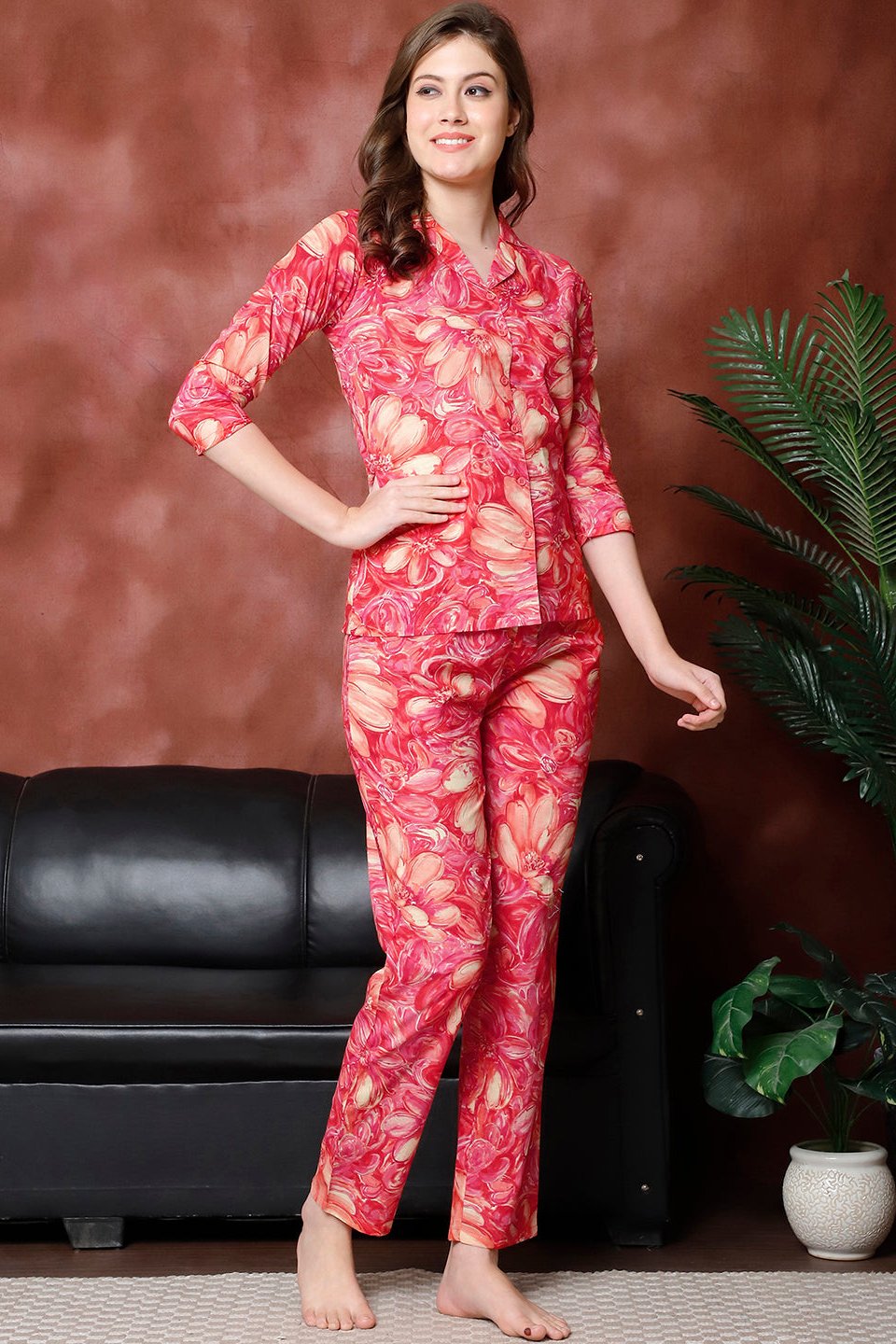 Red Color Floral Printed  Pure Cotton Night Suit