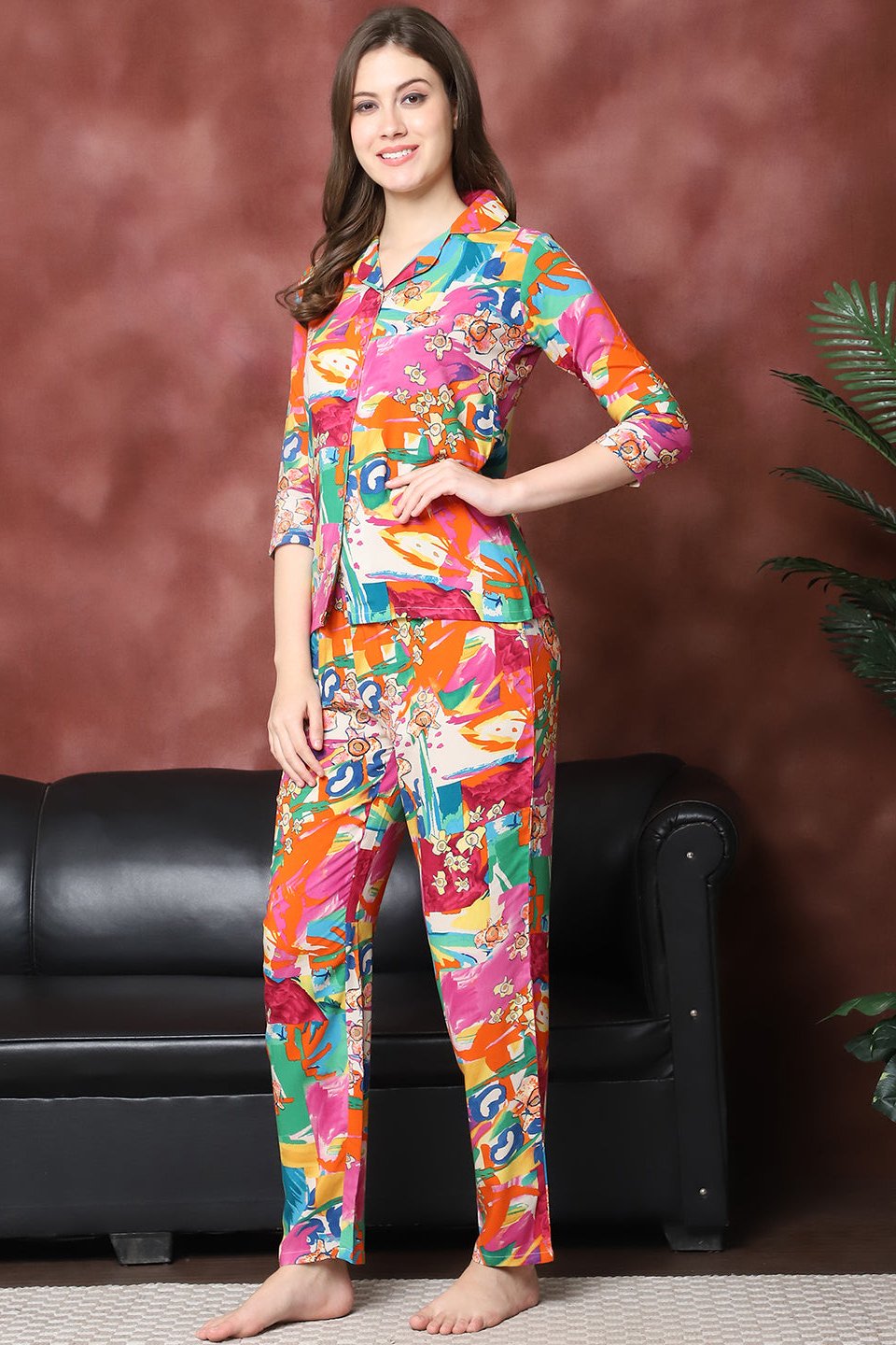 Multi Color Abstract Printed  Viscose Rayon Night Suit