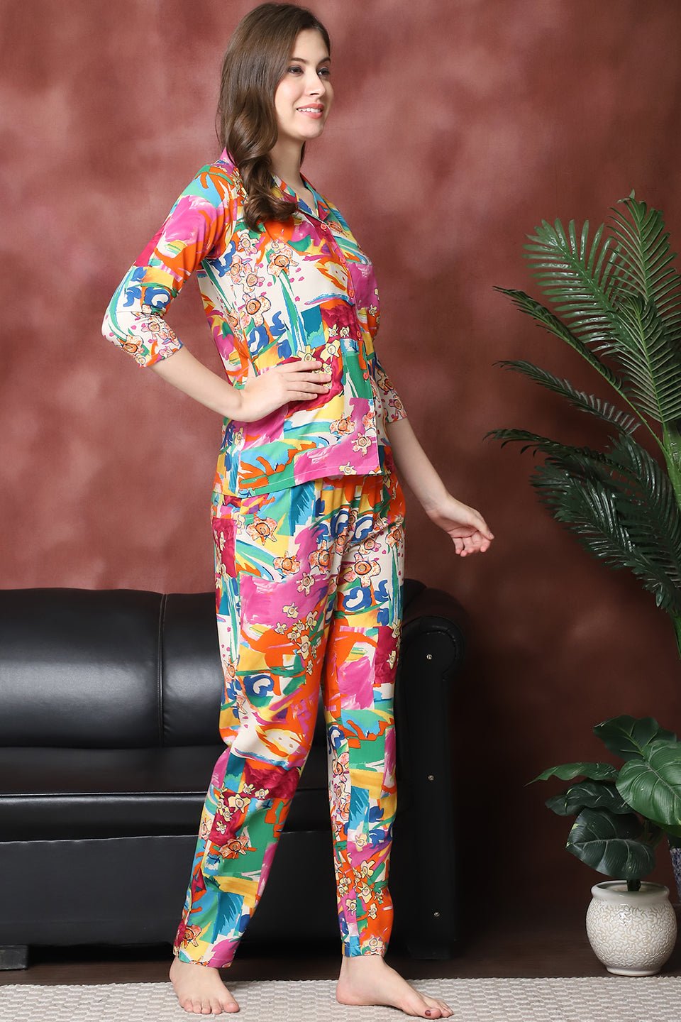 Multi Color Abstract Printed  Viscose Rayon Night Suit