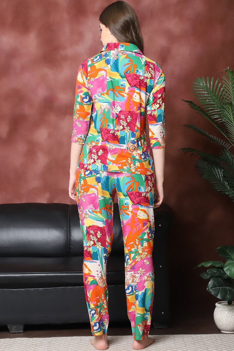 Multi Color Abstract Printed  Viscose Rayon Night Suit