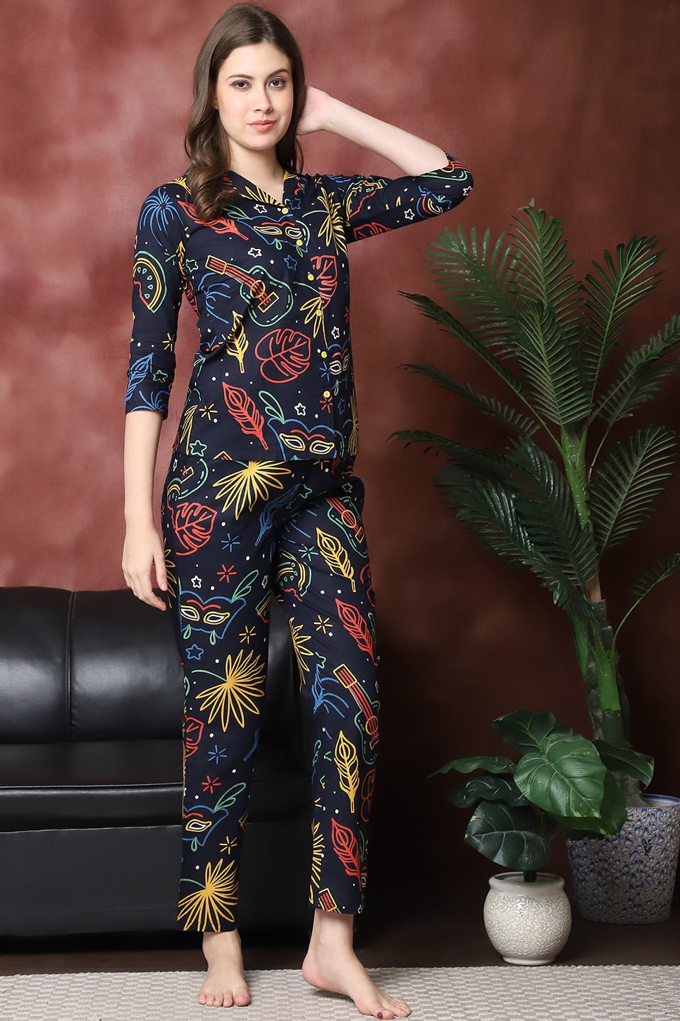 Navy Color Abstract Printed  Pure Cotton Night Suit