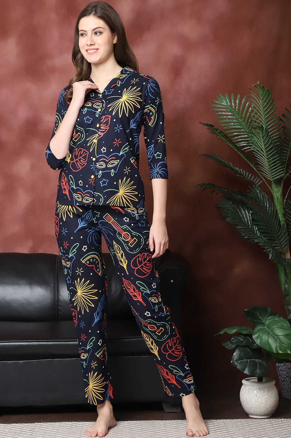 Navy Color Abstract Printed  Pure Cotton Night Suit