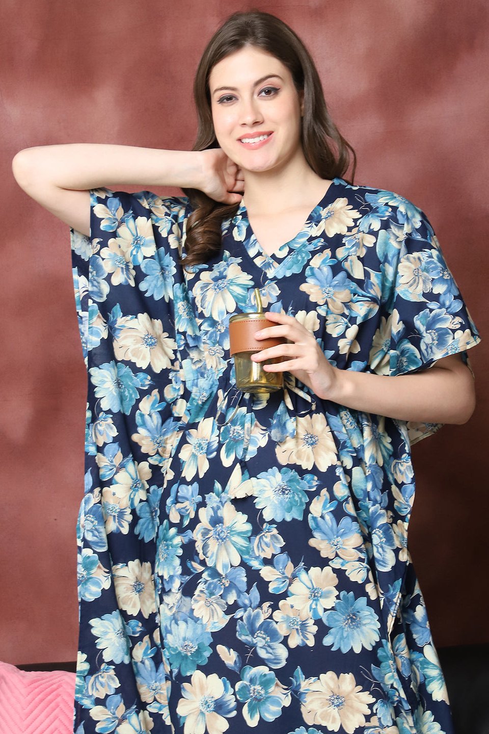 Blue Color Floral Printed Pure Cotton Kaftan For Women