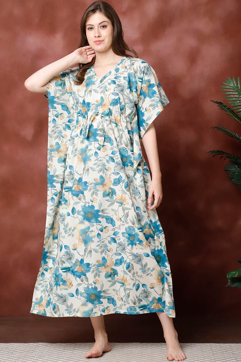 Blue Color Floral Printed Pure Cotton Kaftan For Women