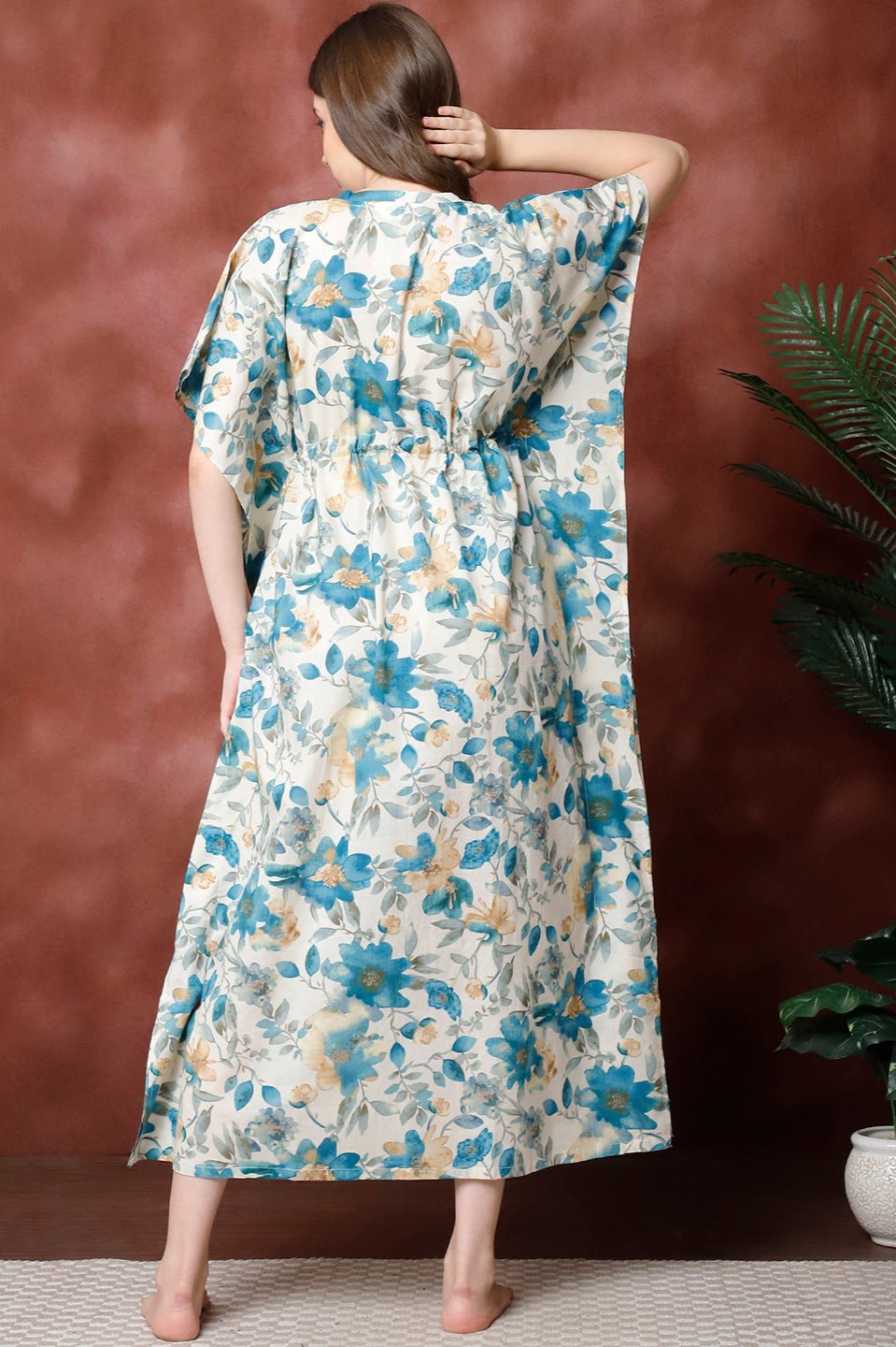 Blue Color Floral Printed Pure Cotton Kaftan For Women