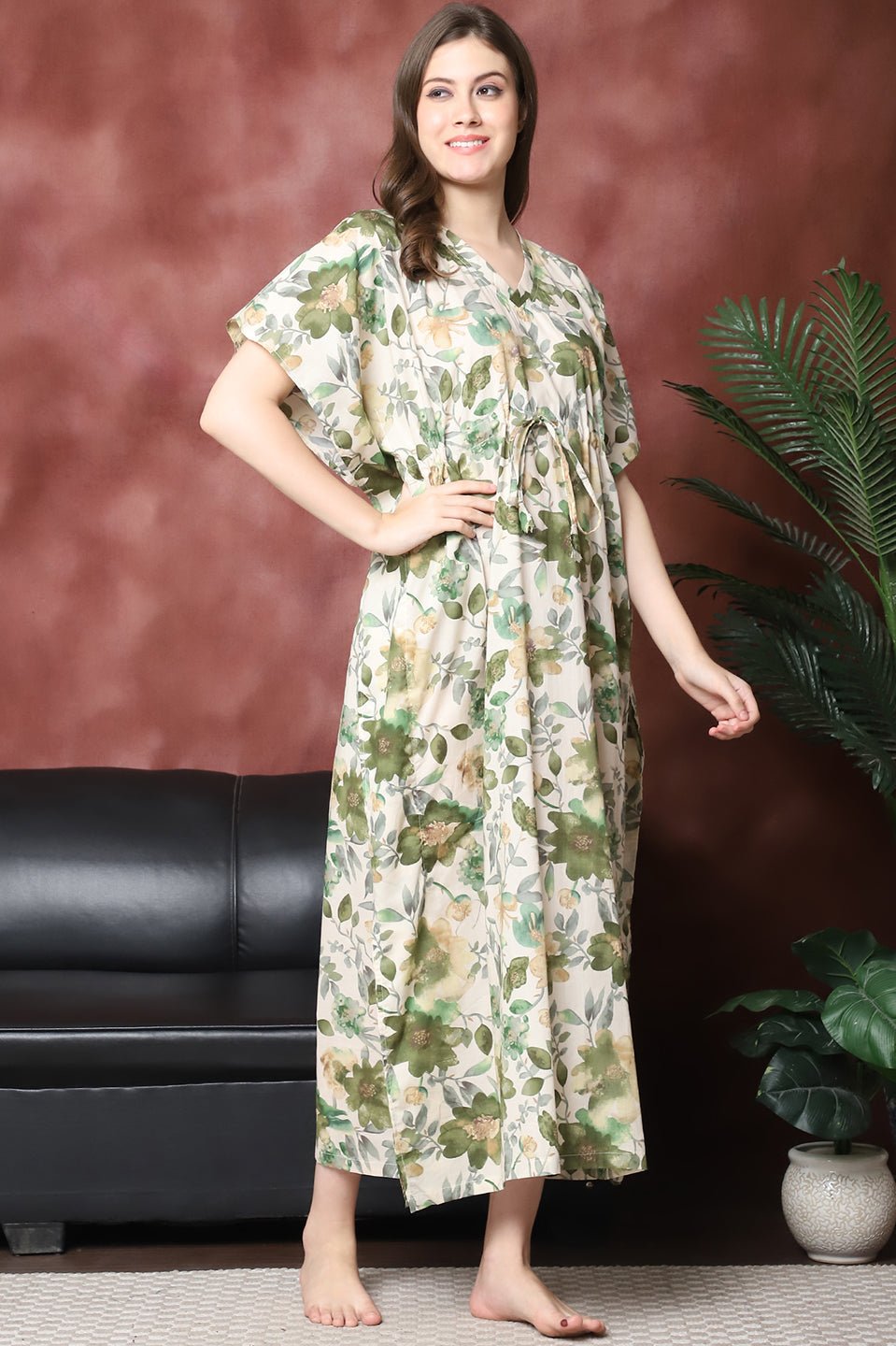 Close-up of pure cotton fabric on green Kaftan Dress