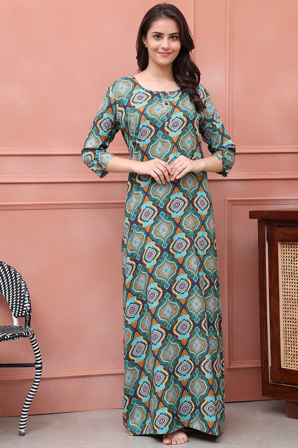 Green Color Abstract Printed Viscose Rayon Maxi Nightdress