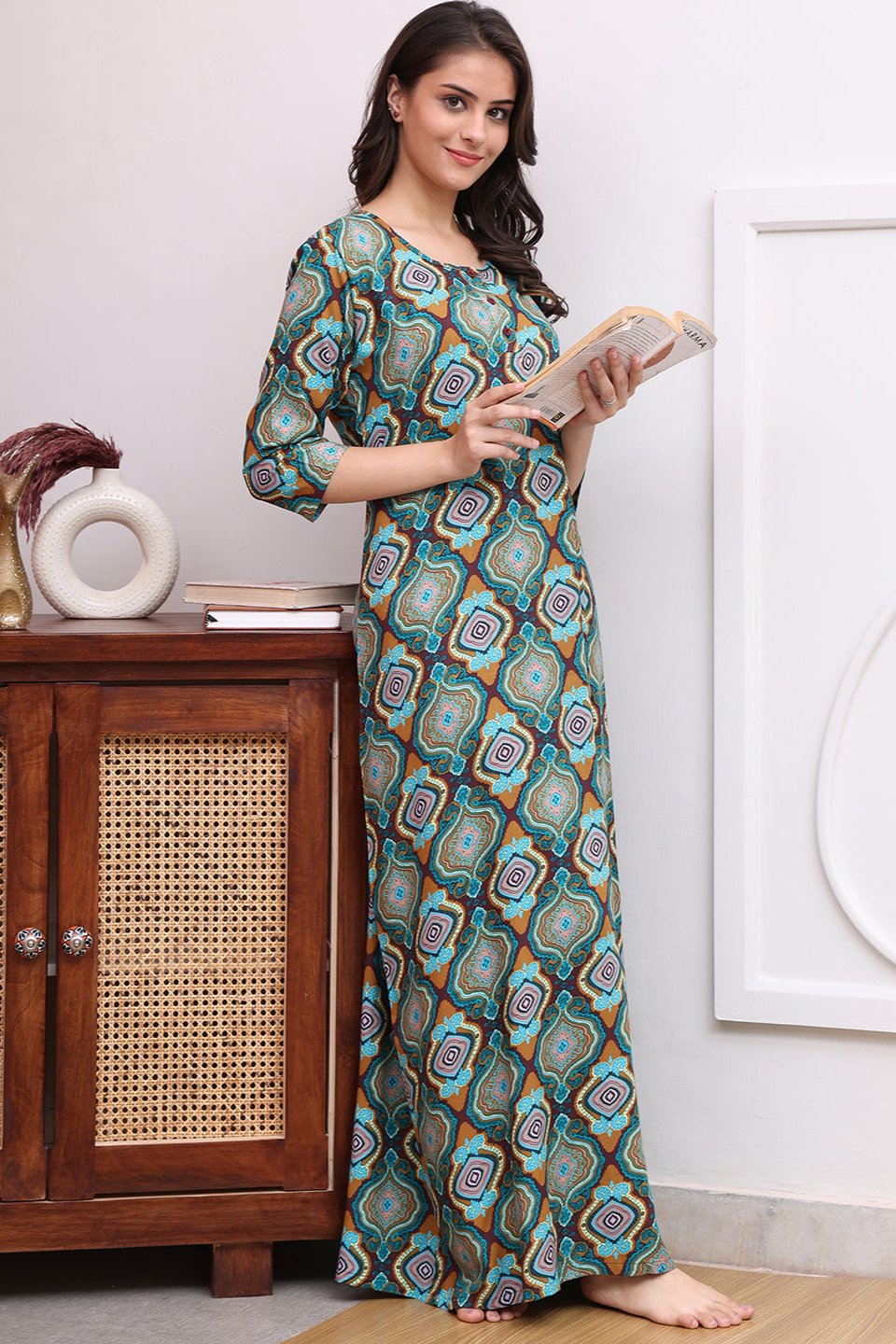 Green Color Abstract Printed Viscose Rayon Maxi Nightdress