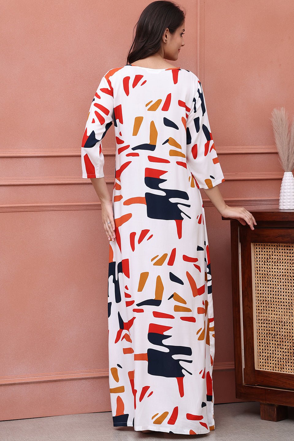 White Color Abstract Printed Viscose Rayon Maxi Nightdres