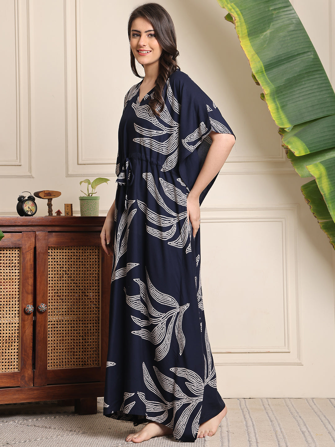 Navy Color Floral Printed Viscose Rayon Kaftan