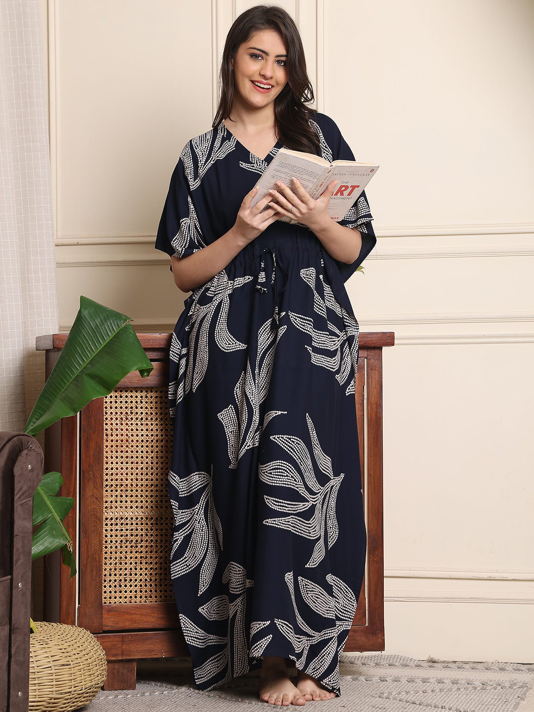 Navy Color Floral Printed Viscose Rayon Kaftan