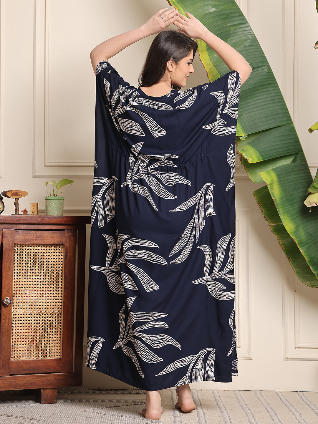 Navy Color Floral Printed Viscose Rayon Kaftan