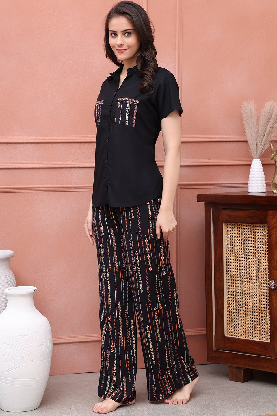 Black Color Abstract Printed Viscose Rayon Night Suit