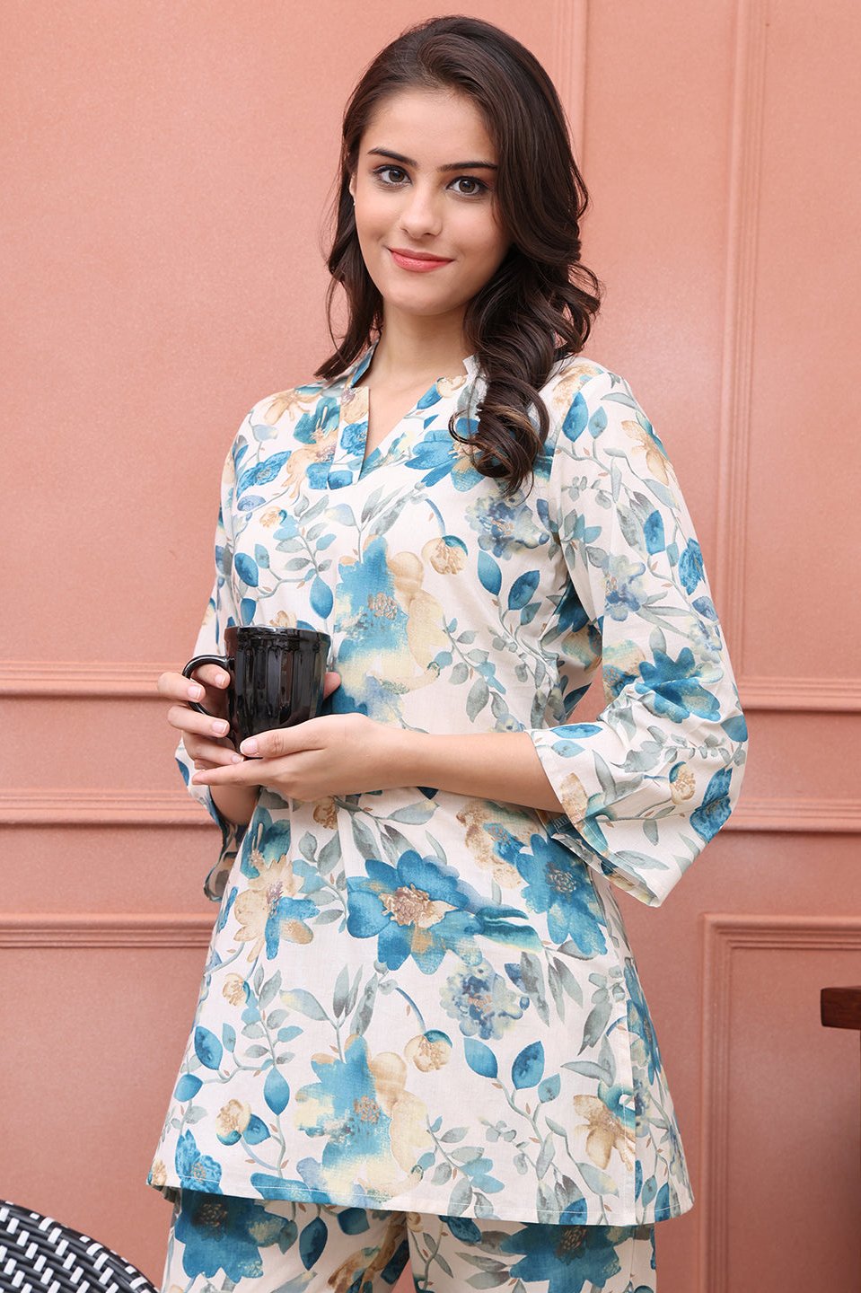 Blue Color Floral Printed Cotton Night Suit For Women