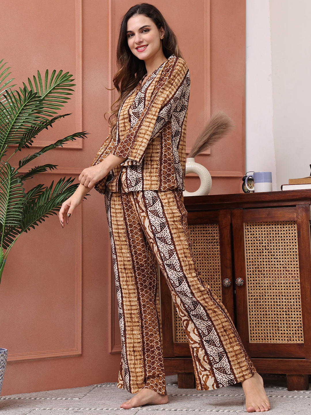 Brown Color Abstract Printed Viscose Rayon Night Suit